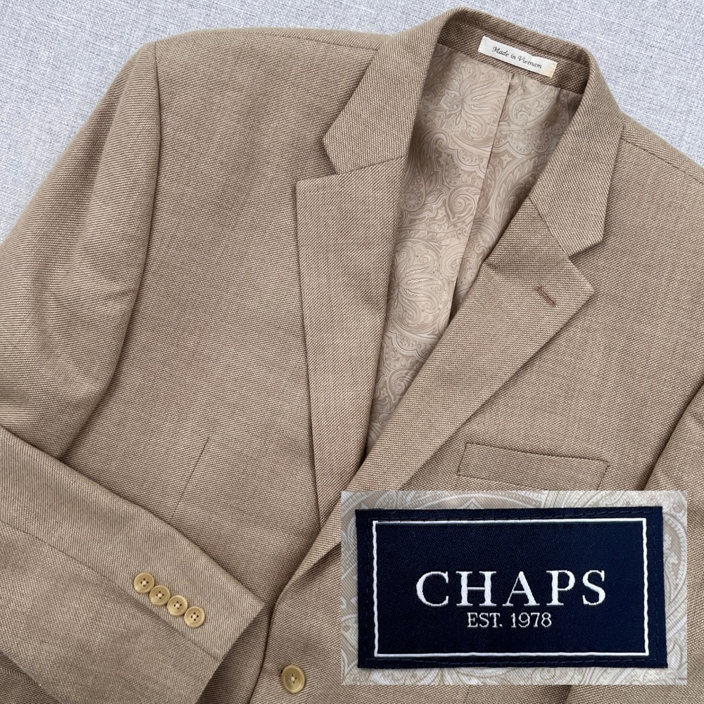 Chaps Blazer Sport Coat Jacket Men 46R Tan Linen‎ Blend Classic Tailored Preppy